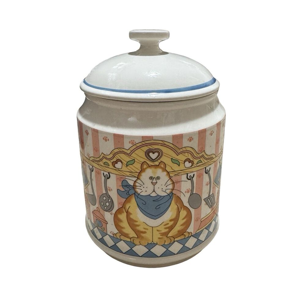Vtg 80s Lisa Berrett Cat in the Kitchen Ceramic Canister Jar Japan Orange Tabby‎